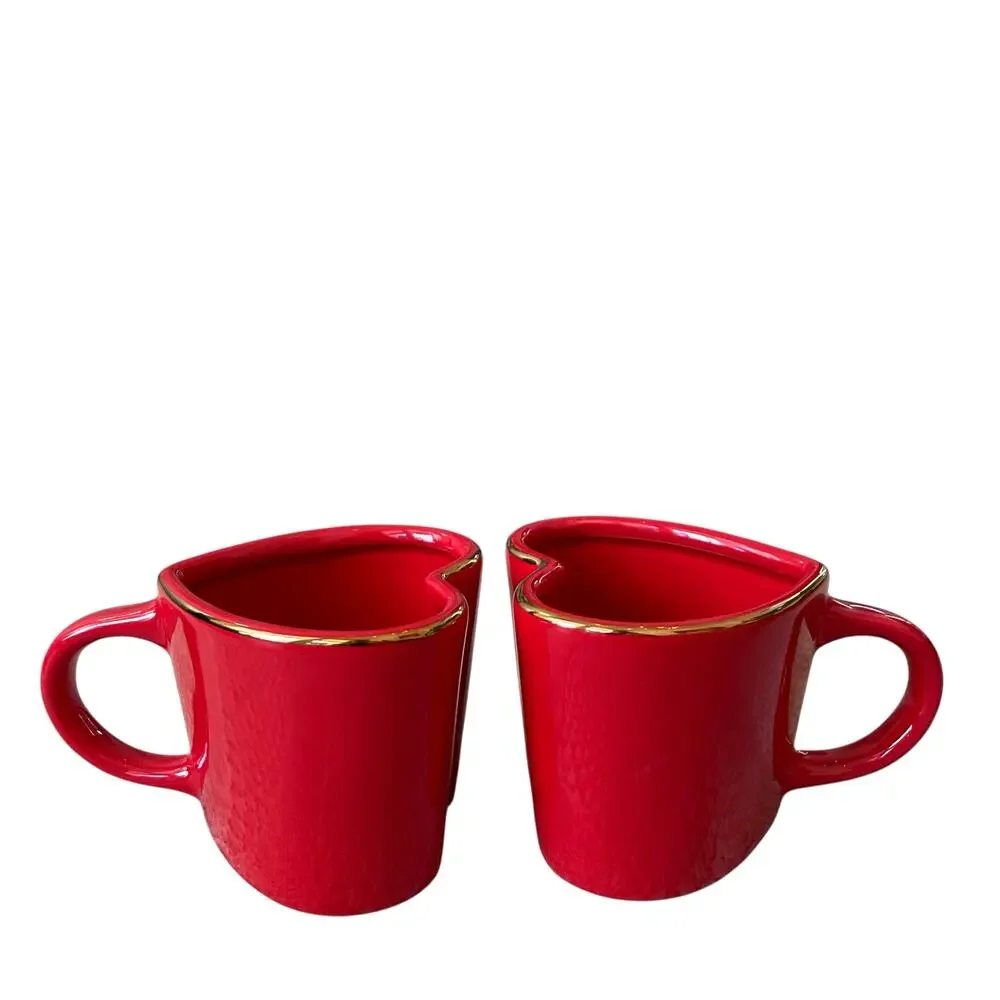 Target Threshold Heart Shaped VALENTINE Mugs Red Gold Rim 14.3oz Set of 2 New